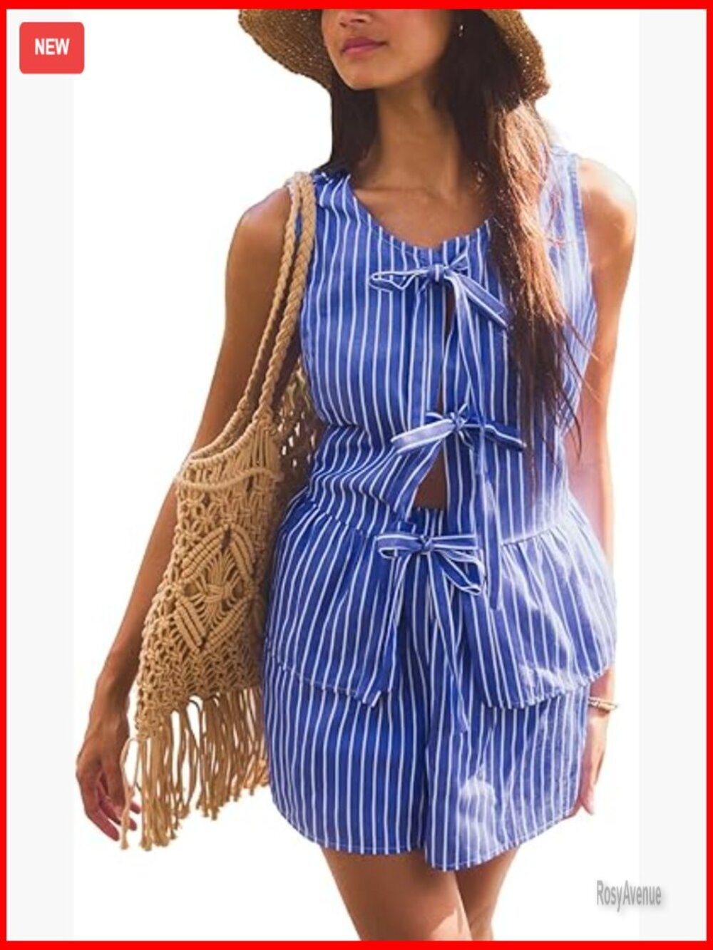 Striped Bow Tie Front Tank Top Sleeveless Crew Neck Slim Fit Casual Blouse